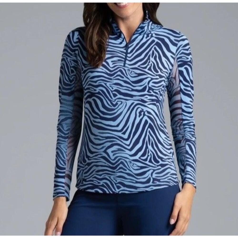 IBKUL Size XS Long Sleeve Top 1/4 Zip Mock Neck Blue Zebra NWT